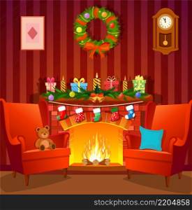 Cartoon Christmas interior with fireplace, wreath, armchairs. Merry Christmas and Happy New Year greeting card background poster. Vector illustration. Christmas interior with fireplace