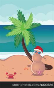Cartoon Christmas sandman in Santa hat and sunglasses on a beach illustration.