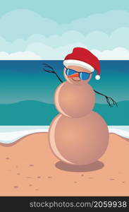 Cartoon Christmas sandman in Santa hat and sunglasses on a beach illustration.