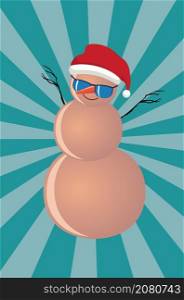 Cartoon Christmas sandman in Santa hat and sunglasses, tropical holidays.