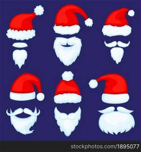 Cartoon christmas santa claus hats with beards or mustaches. Red santas cap, beard xmas photo booth mask, new year costume accessory vector set. Different festive decor for party celebration. Cartoon christmas santa claus hats with beards or mustaches. Red santas cap, beard xmas photo booth mask, new year costume accessory vector set