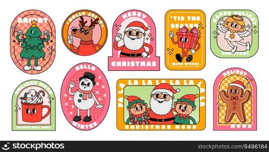 Cartoon Christmas stickers. Comic retro groovy character. Trendy vintage promo label, festive pins. Funny hippy gift, funky deer, Santa Claus and snowman. Shape patch vector elements, holiday mood. Cartoon Christmas stickers. Comic retro groovy character. Trendy vintage promo label, festive pins. Funny hippy gift, funky deer, Santa Claus and snowman. Shape patch vector elements
