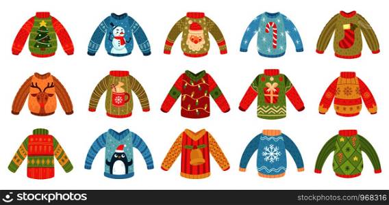 Cartoon christmas ugly sweaters. Xmas holidays party jumper, knitted winter sweater with Santa and Xmas tree. 2020 christmas pajamas clothes or cozy knitted sweaters. Isolated vector icons set. Cartoon christmas ugly sweaters. Xmas holidays party jumper, knitted winter sweater with Santa and Xmas tree isolated vector set