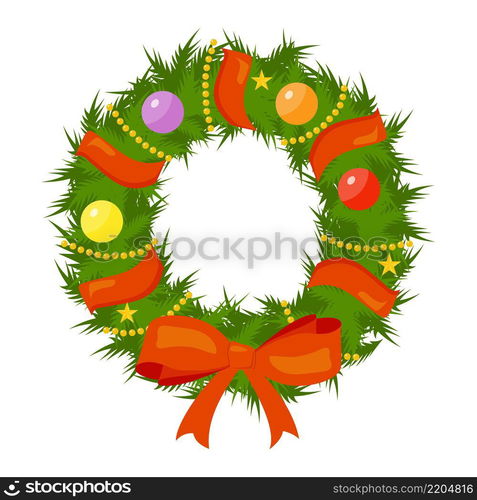 Cartoon Christmas wreath icon with red bow. isolated on white background for holiday decoration design. Vector illustration in flat style. Cartoon Christmas wreath on a white background