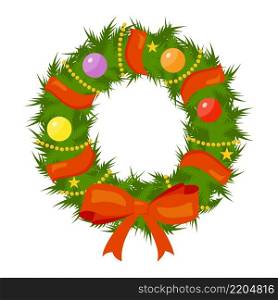 Cartoon Christmas wreath icon with red bow. isolated on white background for holiday decoration design. Vector illustration in flat style. Cartoon Christmas wreath on a white background