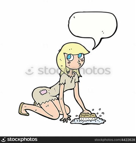 cartoon cinderella scrubbing floors with speech bubble