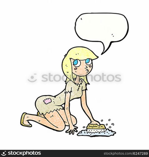 cartoon cinderella scrubbing floors with speech bubble