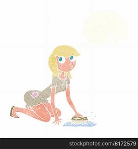 cartoon cinderella scrubbing floors with thought bubble
