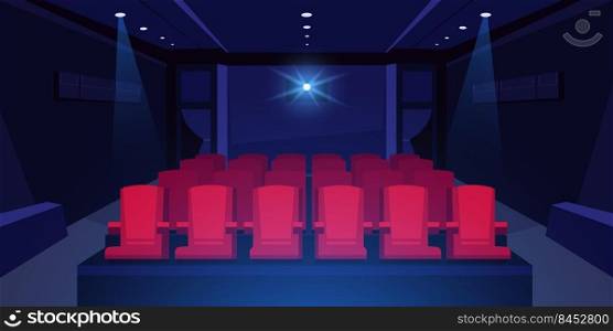 Cartoon cinema auditorium. Movie theater dark room with red seats and cinema projector glowing, scene background with concert hall interior. Vector illustration of movie theater cinema. Cartoon cinema auditorium. Movie theater dark room with red seats and cinema projector glowing, scene background with concert hall interior. Vector illustration