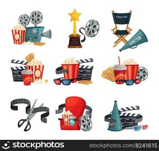 Cartoon cinema concept, reel and camera, popcorn and drink. Vector cinema film illustration, movie video camera isolated. Cartoon cinema concept, reel and camera, popcorn and drink