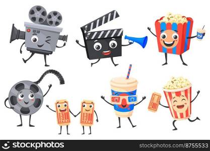 Cartoon cinematography characters. Cartoon cinema icon, funny cute movie, popcorn 3d glasses video camera clapperboard, ticket comedy theater, vector illustration. Movie video and cinema popcorn. Cartoon cinematography characters. Cartoon cinema icon, funny cute movie personage, popcorn 3d glasses video camera clapperboard, ticket comedy theater, neat vector illustration