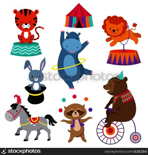 Cartoon circus animals for child birthday card vector. Animal in circus, happy elephant and lion, carnival show with bear on bike illustration. Cartoon circus animals for child birthday card vector stock