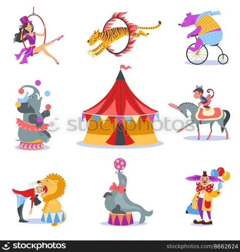 Cartoon circus animals. Trained seal and horse. Bear on unicycle. Tiger jumping over fire ring. Show artists in costumes. Color tent. Trainer with lion. Gymnast and clown tricks. Splendid vector set. Cartoon circus animals. Trained seal and horse. Bear on unicycle. Tiger jumping over ring. Show artists in costumes. Trainer with lion. Gymnast and clown tricks. Splendid vector set