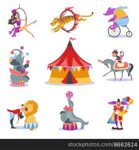 Cartoon circus animals. Trained seal and horse. Bear on unicycle. Tiger jumping over fire ring. Show artists in costumes. Color tent. Trainer with lion. Gymnast and clown tricks. Splendid vector set. Cartoon circus animals. Trained seal and horse. Bear on unicycle. Tiger jumping over ring. Show artists in costumes. Trainer with lion. Gymnast and clown tricks. Splendid vector set