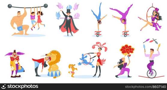 Cartoon circus artists. Funny entertainment workers. Trained animals. Jugglers and jesters amusement show. People juggling or making tricks. Magician and clown performance. Splendid vector cirque set. Cartoon circus artists. Entertainment workers. Trained animals. Jugglers and jesters amusement show. People juggling or making tricks. Magician and clown performance. Splendid vector set