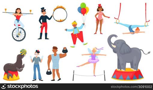 Cartoon circus characters, carnival artists, trained animal performers. Circus elephant, seal, clown, acrobat, magician, juggler vector set. People performing tricks in entertainment show. Cartoon circus characters, carnival artists, trained animal performers. Circus elephant, seal, clown, acrobat, magician, juggler vector set