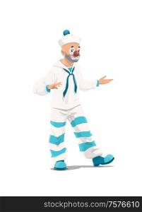 Cartoon circus clown character in white and blue sailor costume, funfair carnival. Vector clown mime with red nose and blue pom-pom hat isolated on white background. Big top circus clown mime, funfair carnival