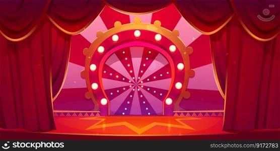 Cartoon circus stage vector background. Carnival arena with red vintage theater curtain. Cirque show scene festival illustration. Empty marquee podium. Festive theatre platform with curtain neon light. Cartoon circus stage background, carnival arena