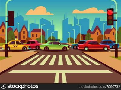 Cartoon city crossroads with cars in traffic jam, sidewalk, crosswalk and urban landscape vector illustration. Road with car on intersection way. Cartoon city crossroads with cars in traffic jam, sidewalk, crosswalk and urban landscape vector illustration
