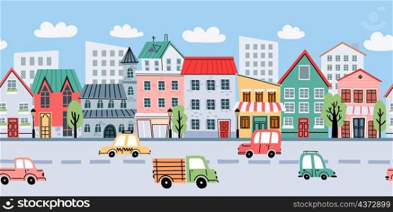 Cartoon city landscape with buildings and cars seamless background. Street with apartments and road traffic for kids. Cute town vector line. Illustration of cityscape building street. Cartoon city landscape with buildings and cars seamless background. Street with apartments and road traffic for kids. Cute town vector line