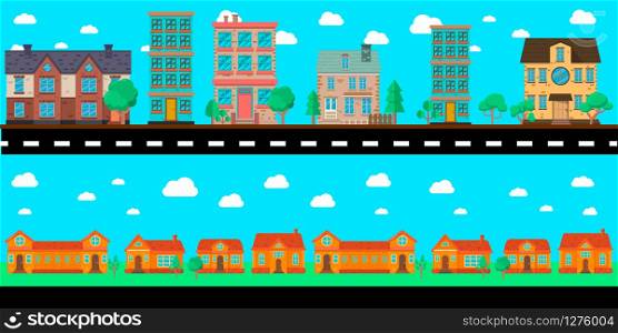 Cartoon city landscape with buildings and trees. Design element for poster, banner, flyer, animation, motion design. Vector illustration