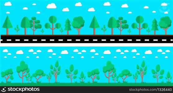 Cartoon city landscape with road and trees. Design element for poster, banner, flyer, animation, motion design. Vector illustration