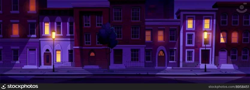 Cartoon city street at night. Vector illustration of town apartment houses with cozy yellow light in windows on brick wall facade, empty street, road illuminated with light posts. Urban neighborhood. Cartoon city street at night