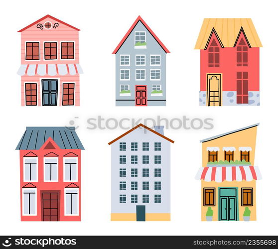 Cartoon city street buildings. Old town architecture with colorful houses, retail shops and cafe exterior. Apartments facade in European style with windows and doors isolated vector set. Cartoon city street buildings. Old town architecture with colorful houses, retail shops and cafe exterior. Apartments facade