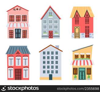 Cartoon city street buildings. Old town architecture with colorful houses, retail shops and cafe exterior. Apartments facade in European style with windows and doors isolated vector set. Cartoon city street buildings. Old town architecture with colorful houses, retail shops and cafe exterior. Apartments facade