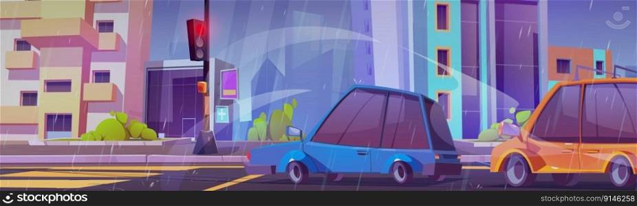 Cartoon city street with cars in rainy weather. Vector illustration of autos stop on crossroads under red traffic light, summer rainfall in town, houses and green bushes on sidewalk. Urban background. Cartoon city street with cars in rainy weather