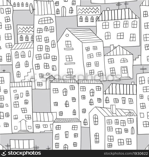 Cartoon cityscape. Cute urban background. Outline. Coloring book for child. Seamless vector pattern.