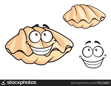 Cartoon clam shell or mussel with a happy toothy smile isolated on white for seafood design