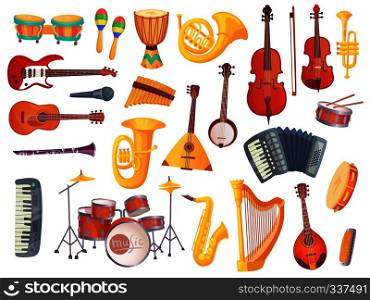 Cartoon classical jazz musical electric acoustic instruments, guitars, bongo drums, cello, saxophone, microphone, drum kit isolated. Music group equipment instrument vector set collection. Cartoon musical instruments, guitars, bongo drums, cello, saxophone, microphone, drum kit isolated. Music instrument vector collection