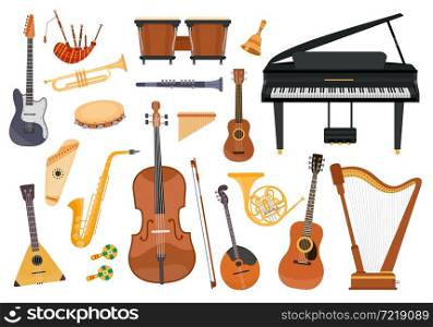 Cartoon classical music instruments, piano, trombone and harp. Folk orchestra equipment, tambourine, pipes, ukulele and guitar vector set. Acoustic melody for festival or concert performance. Cartoon classical music instruments, piano, trombone and harp. Folk orchestra equipment, tambourine, pipes, ukulele and guitar vector set