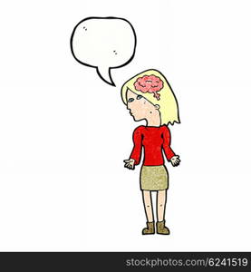 cartoon clever woman shrugging shoulders with speech bubble