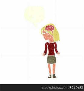 cartoon clever woman shrugging shoulders with speech bubble