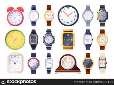 Cartoon clock. Electronic mechanical quartz watch dial accessory, alarm timer hourglass devices to indicate measure time flat style. Vector colorful set of mechanical electronic clocks illustration. Cartoon clock. Electronic mechanical quartz watch dial accessory, alarm timer hourglass devices to indicate measure time flat style. Vector colorful set