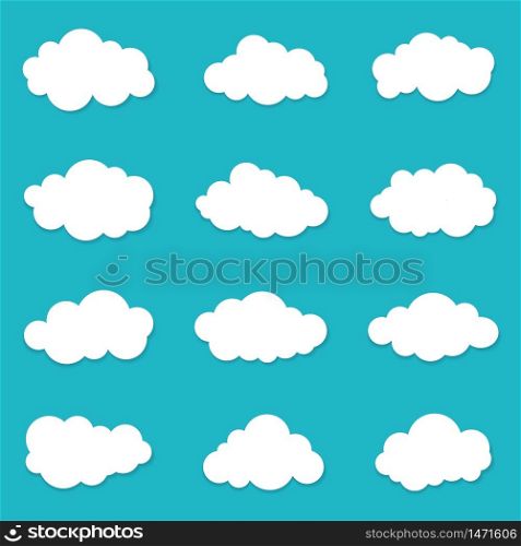 Cartoon cloud of sky on blue background. Graphic heaven in flat style. Set of overcast cloudy. Set icons of cloud bubble shape. Creative white clouds form for message. Isolated vector illustration. Cartoon cloud of sky on blue background. Graphic heaven in flat style. Set of overcast cloudy. Set icons of cloud bubble shape. Creative clouds form for message. Isolated vector illustration