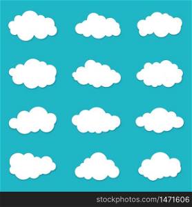 Cartoon cloud of sky on blue background. Graphic heaven in flat style. Set of overcast cloudy. Set icons of cloud bubble shape. Creative white clouds form for message. Isolated vector illustration. Cartoon cloud of sky on blue background. Graphic heaven in flat style. Set of overcast cloudy. Set icons of cloud bubble shape. Creative clouds form for message. Isolated vector illustration