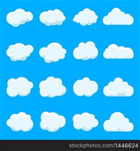 Cartoon cloud of sky on blue background.Graphic heaven in vintage style.Flat collection of blue cloud. Set icons of cloud shape. vector illustration. Cartoon cloud of sky on blue background.Graphic heaven in vintage style.Flat collection of blue cloud. Set icons of cloud shape. vector