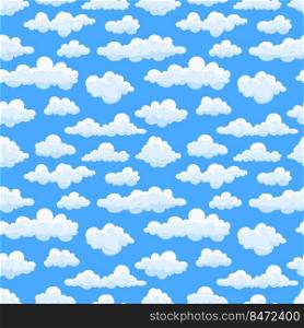 Cartoon cloud pattern. Seamless print of white summer fluffy cumulus clouds. Vector texture modern pattern panorama sky. Cartoon cloud pattern. Seamless print of white summer fluffy cumulus clouds. Vector texture