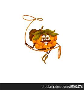 Cartoon cloudberry cowboy character with lasso, vector western or wild west personage. Happy nordic berry fruit rodeo cowboy with brown leather hat and shoes with spurs throwing lasso or rope loop. Cartoon cloudberry cowboy character with lasso