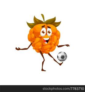 Cartoon cloudberry playing football or soccer sport game. Vector fruit or berry character with happy face kicking ball, funny cloudberry soccer player emoji design, healthy food and fruity vitamins. Cartoon cloudberry fruit playing football