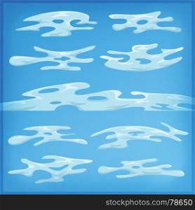 Cartoon Clouds And Smoke Set On Sky Background. Illustration of a set of funny cartoon clouds, smoke patterns and fog icons, for filling your sky scenes or ui games backgrounds