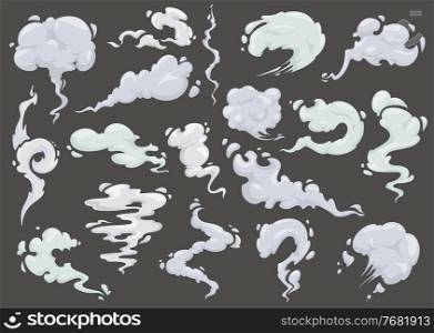 Cartoon clouds and smokes, vapor, smog and dust design effects. Vector comic explosion smoke, car toxic gas trace or fog, burst different shapes air trails with swirls, spirals and bubbles. Smoke, dust and vapor clouds cartoon vector effect
