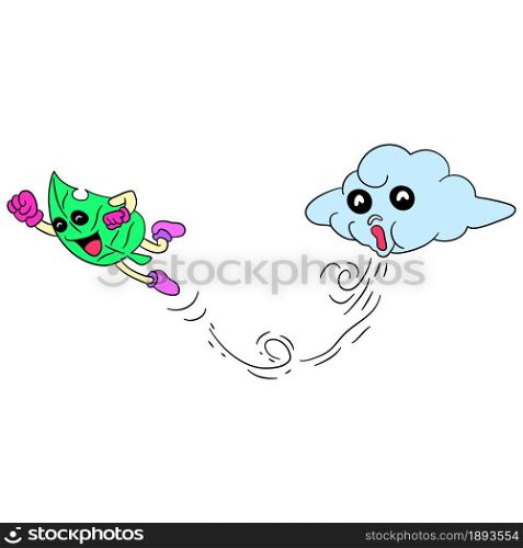 cartoon clouds blowing the wind on the leaves. cartoon illustration cute sticker