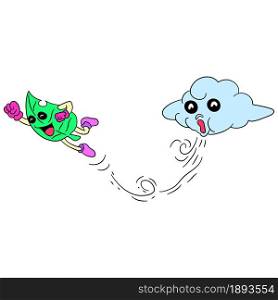 cartoon clouds blowing the wind on the leaves. cartoon illustration cute sticker