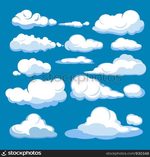 Cartoon clouds. Blue sky aerial cloudscape blue clouds different forms and shapes vector illustrations. White cloud fluffy in air sky, different cloudscape soar. Cartoon clouds. Blue sky aerial cloudscape blue clouds different forms and shapes vector illustrations