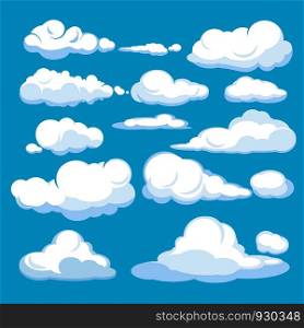 Cartoon clouds. Blue sky aerial cloudscape blue clouds different forms and shapes vector illustrations. White cloud fluffy in air sky, different cloudscape soar. Cartoon clouds. Blue sky aerial cloudscape blue clouds different forms and shapes vector illustrations