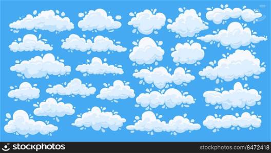 Cartoon clouds. Cute simple summer clouds on blue sky, flat white game elements. Vector set images aerial clouds heavenly space. Cartoon clouds. Cute simple summer clouds on blue sky, flat white game elements. Vector set